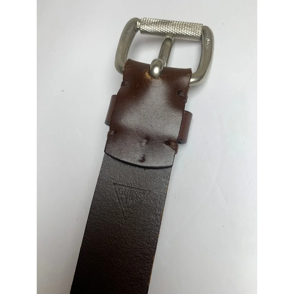 Guess Jeans Mens Brown Italian Full Grain Leather Belt Silver Buckle 38 35052